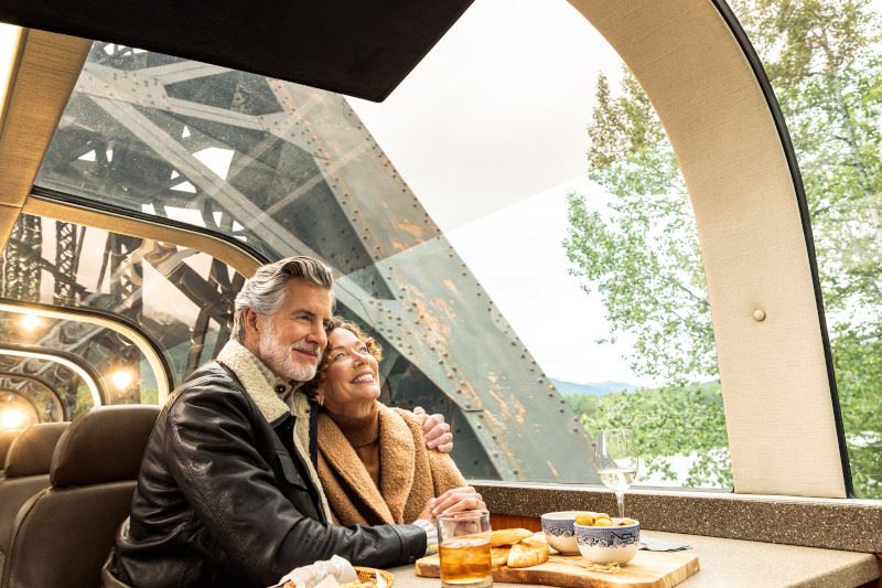 guests onboard princess glass dome alaska train