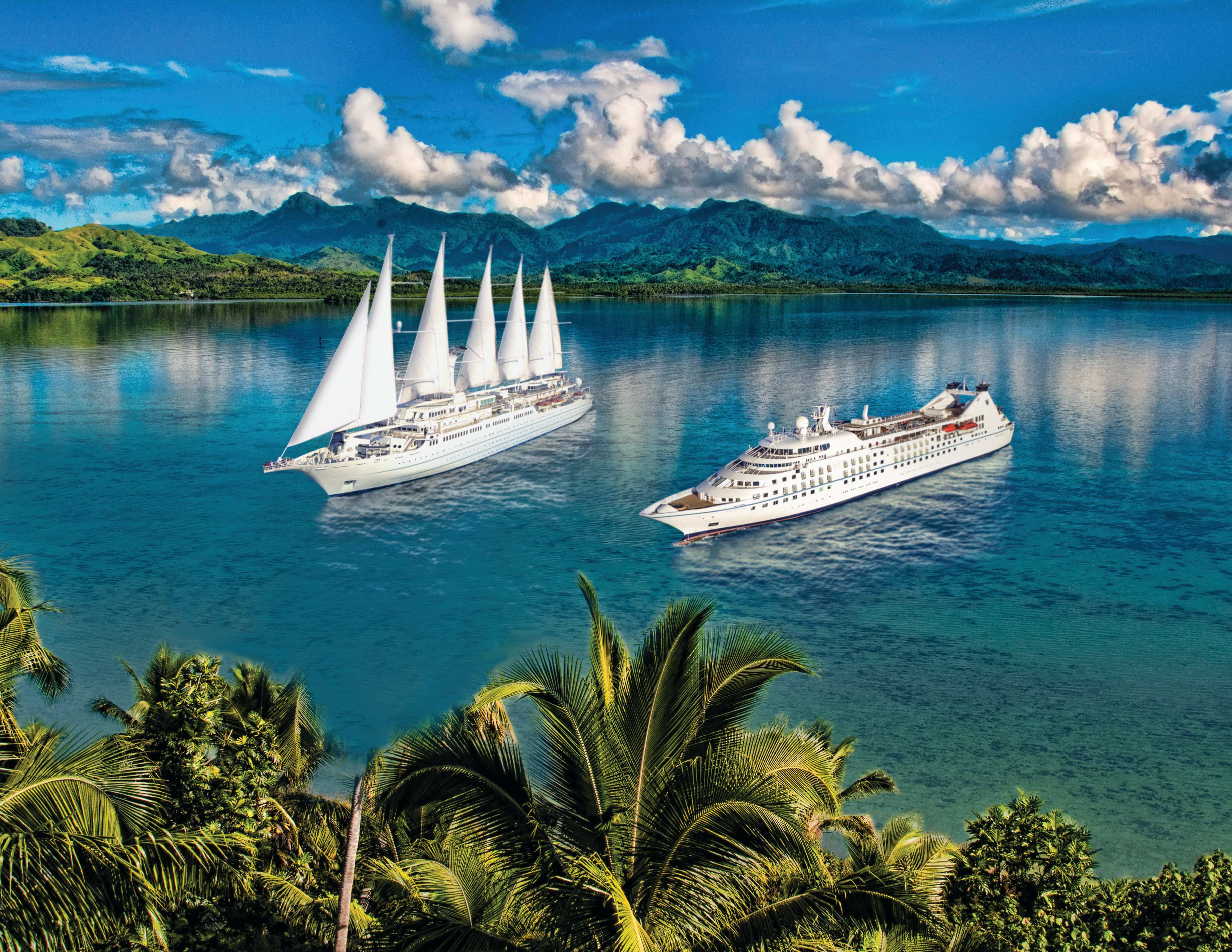 Windstar yacht in a coastal harbor